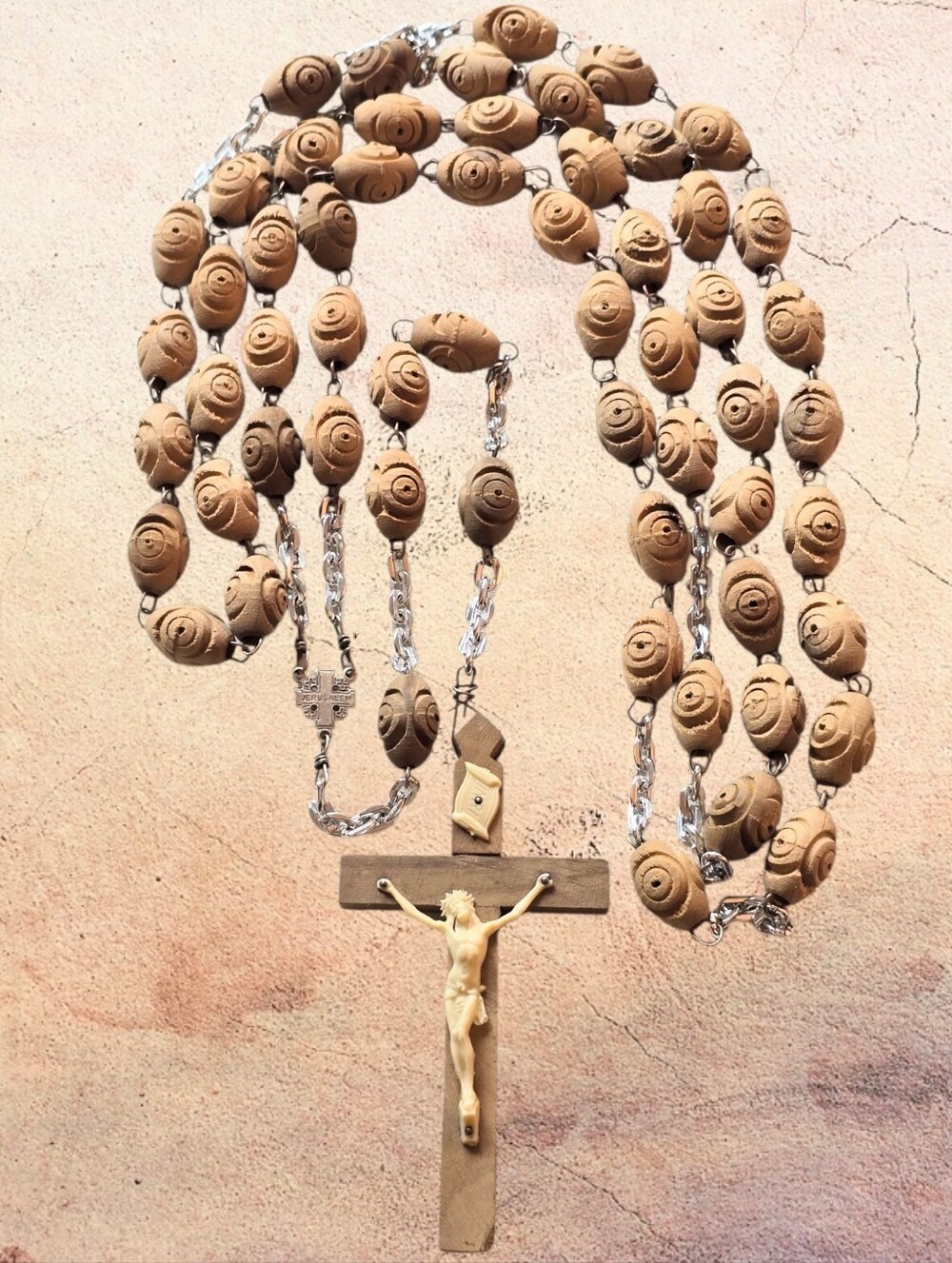 Vintage Long Natural Olive Wood Bead Rosary